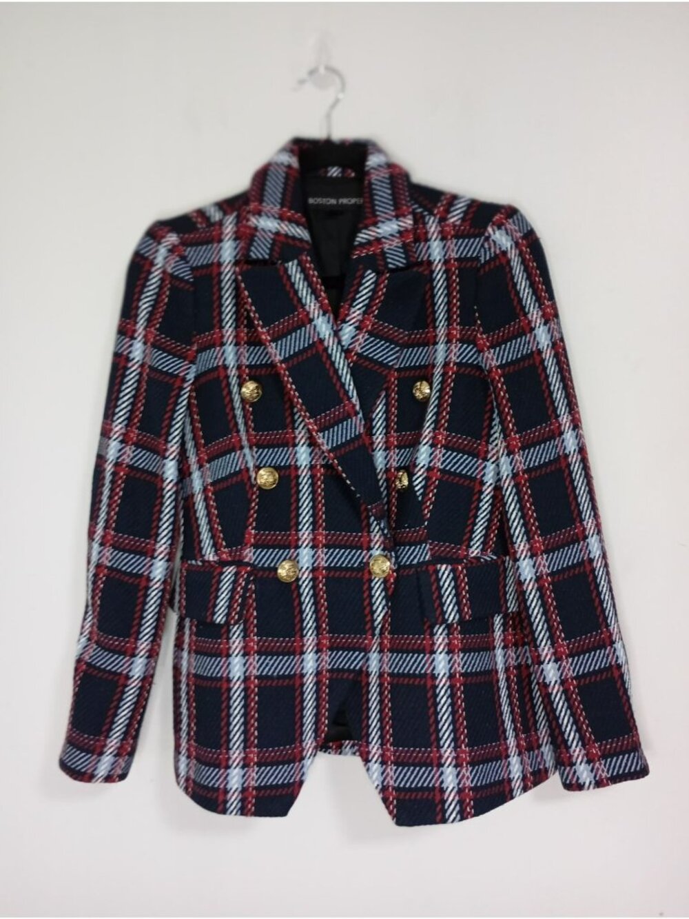 Boston Proper Plaid Double-Breasted Blazer Size 6 Womens Gold Button Detail